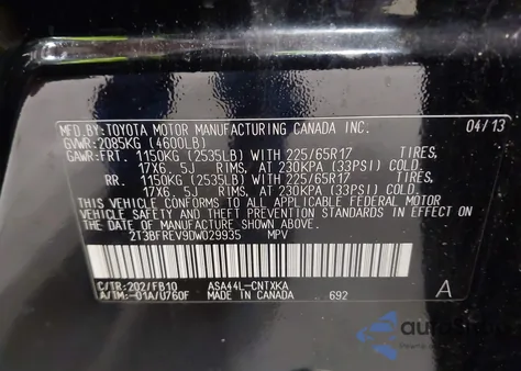 2013 Toyota Rav4 Le из США, поврежденный, VIN 2T3BFREV9DW029935